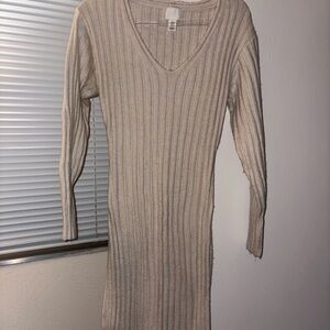 Elegant Cream Ribbed Knit Dress
